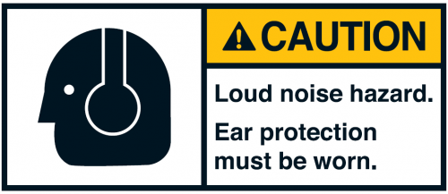 Warnaufkleber "CAUTION Loud noise hazard. Ear protection.."35x80/45x100/70x160mm