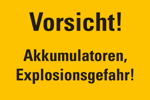 Aufkleber „Vorsicht! Akkumulatoren..“ ISO 7010 Warn Etikett, signalgelb | 20x30 cm