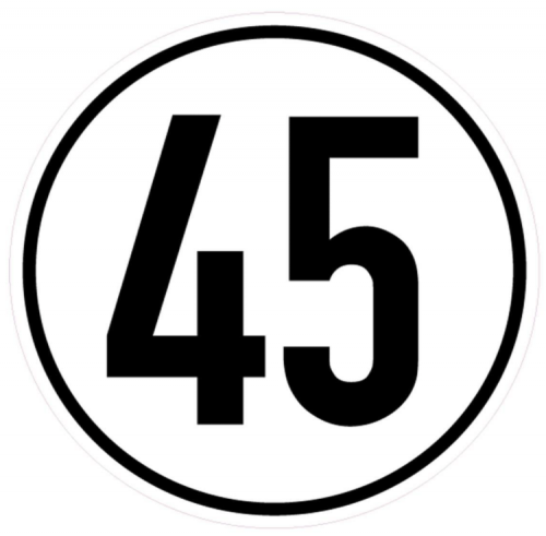 Aufkleber Geschwindigkeits-Schild "45 km/h" Folie gemäß StVZO § 58 | Ø5-30cm