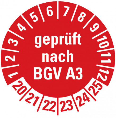100x Prüfplakette "geprüft nach BGV A3 | 20-25" Etikett Aufkleber, rot | Ø 30mm