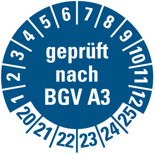 100x Prüfplakette "geprüft nach BGV A3 | 20-25" Etikett Aufkleber, blau | Ø 30mm