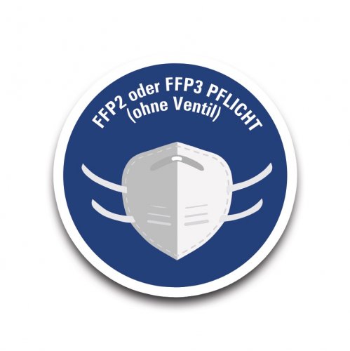 Aufkleber Hinweis "FFP-Maske PFLICHT (ohne Ventil)" Schild Folie Ø5-40cm | blau