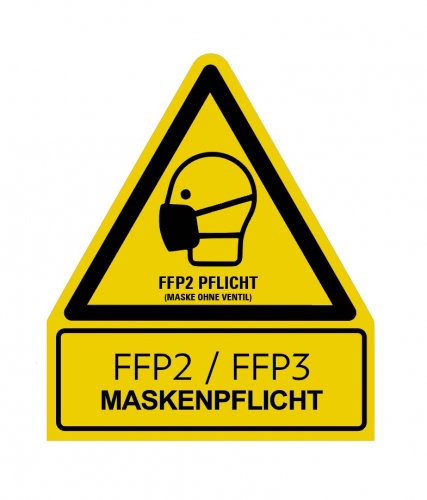 Aufkleber"FFP MASKENPFLICHT (Maske ohne Ventil)" Warnschild 210x245mm signalgelb