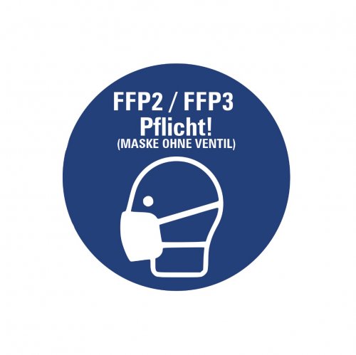 Aufkleber „FFP2 / FFP3 Pflicht! (MASKE OHNE VENTIL)“ Etikett, blau | Größe wählbar