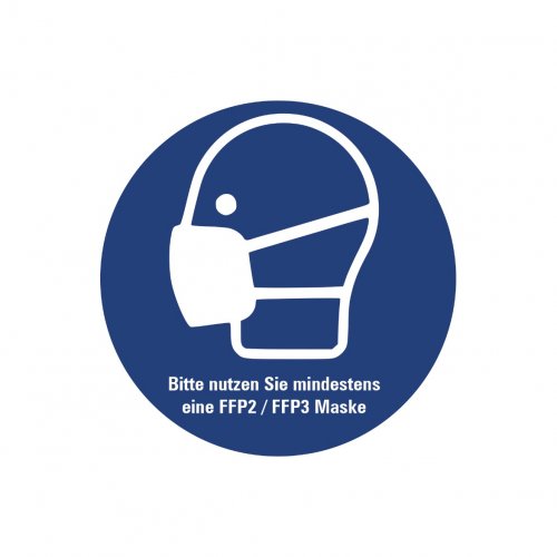 Aufkleber Gebot "Bitte nutzen Sie min. eine FFP Maske" Schild Folie Ø5-40cm, blau