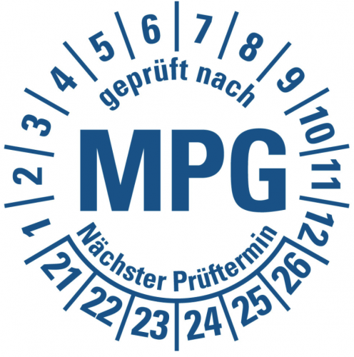 100x Mehrjahresprüfplakette "geprüft nach MPG 21-26" Etikett weiß/blau Ø15-40mm