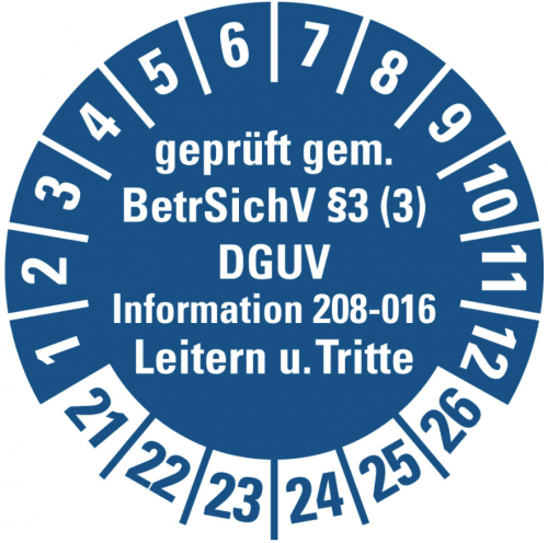 100x Prüfplakette Jahreszahl 2021 - 2026 Leitern Tritte, BetrSichV §3.. 21-26" Aufkleber, blau Ø15-40mm