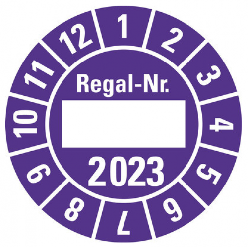100x Jahresprüfplakette"Regal-Nr. 2023" Aufkleber beschriftbar, violett Ø15-40mm