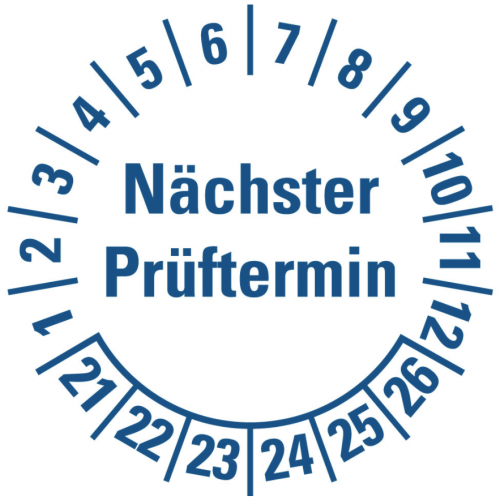 100x Mehrjahresprüfplakette"Nächster Prüftermin 21-26"Etikett weiß/blau Ø15-40mm