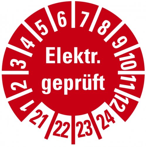 100x Mehrjahresprüfplakette "Elektrisch geprüft 21-24" Aufkleber, rot Ø15-40mm