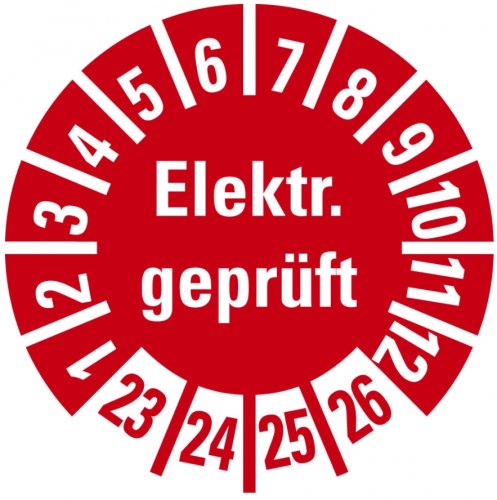 100x Mehrjahresprüfplakette "Elektrisch geprüft 23-26" Aufkleber, rot Ø15-40mm