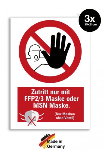 3x Aufkleber Verbot "Zutritt nur mit FFP-Maske oder MSN-Maske" Folie 15x21cm,rot