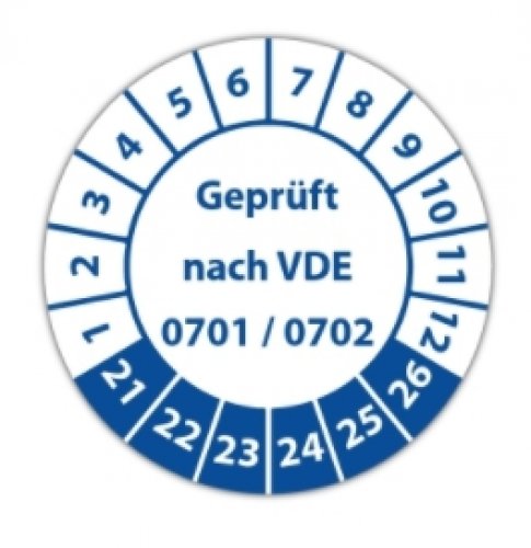 100x Prüfplakette "geprüft nach VDE 0701/0702 | 21-26" blau/w. Aufkleber Ø15-40mm