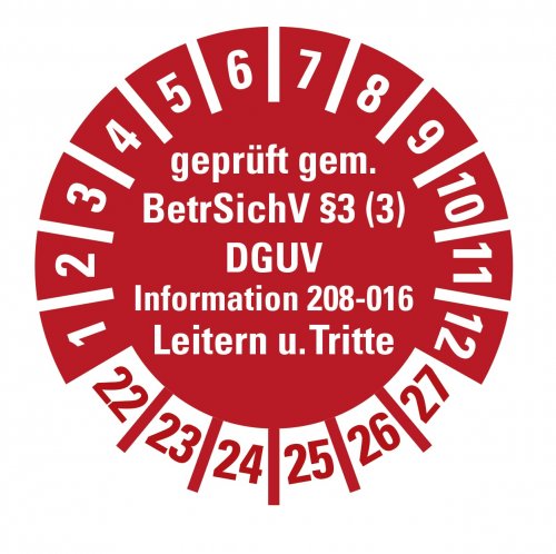 100x Prüfplakette "Leitern/Tritte, BetrSichV §3.. 22-27" Aufkleber, rot Ø15-40mm