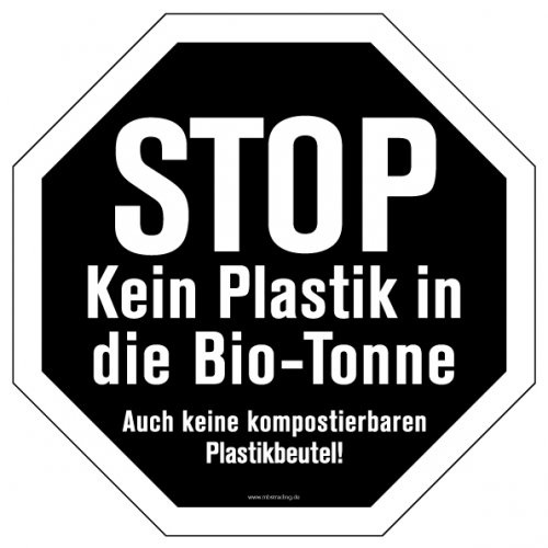 Aufkleber Hinweis "STOP Biotonne.." Recycling Schild Folie Oktogon, s/w | 5-30cm