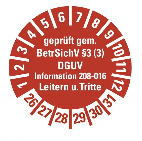 100x Prüfplakette "Leitern/Tritte, BetrSichV §3.. 26-31" Aufkleber, rot Ø15-40mm