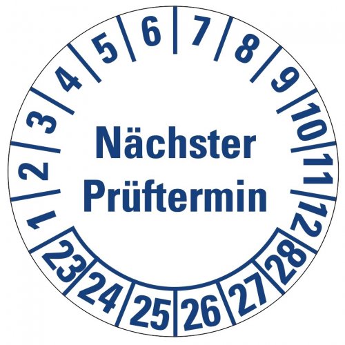 100x Mehrjahresprüfplakette"Nächster Prüftermin 23-28"Etikett weiß/blau Ø15-40mm