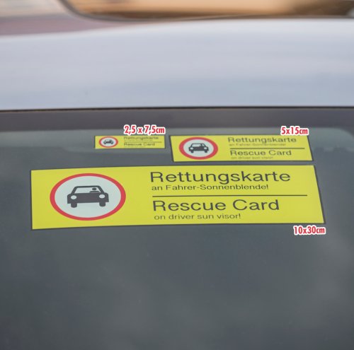 Hinterglasaufkleber KfZ „Rettungskarte an Sonnenblende“ DE/EN Etikett | Größe wählbar