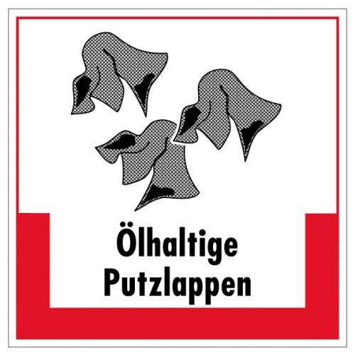 Aufkleber Abfallkennzeichnung „Ölhaltige Putzlappen“ Etikett, rot | Größe wählbar