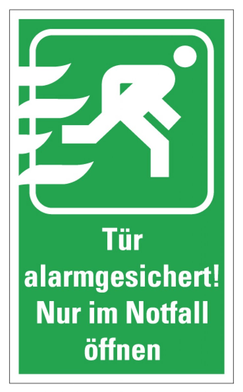 Aufkleber Rettungszeichen "Tür alamgesichert! Nur.." Schild Folie ähnl. ISO 7010