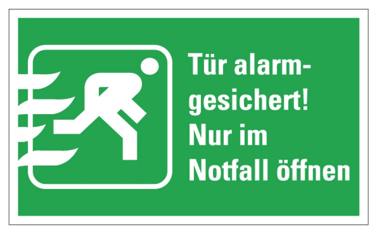 Aufkleber Rettungszeichen "Tür alamgesichert! Nur.." Schild Folie ähnl. ISO 7010