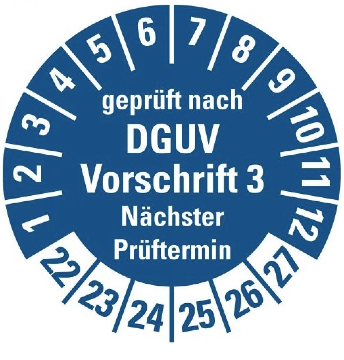 100x Prüfplakette „geprüft DGUV Vorschrift 3 Nächster Prüft. 22-27“, blau Ø15-40mm