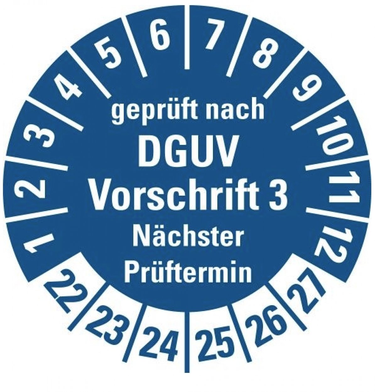 100x Prüfplakette „geprüft DGUV Vorschrift 3 Nächster Prüft. 22-27“ Etikett Aufkleber, blau |Ø 15-40 mm 100x Prüfplakette „geprüft DGUV Vorschrift 3 Nächster Prüft. 22-27“ Etikett Aufkleber, blau |Ø 15-40 mm