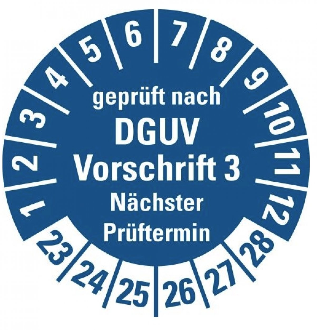 100x Prüfplakette „geprüft DGUV Vorschrift 3 Nächster Prüft. 23-28“, blau Ø15-40mm