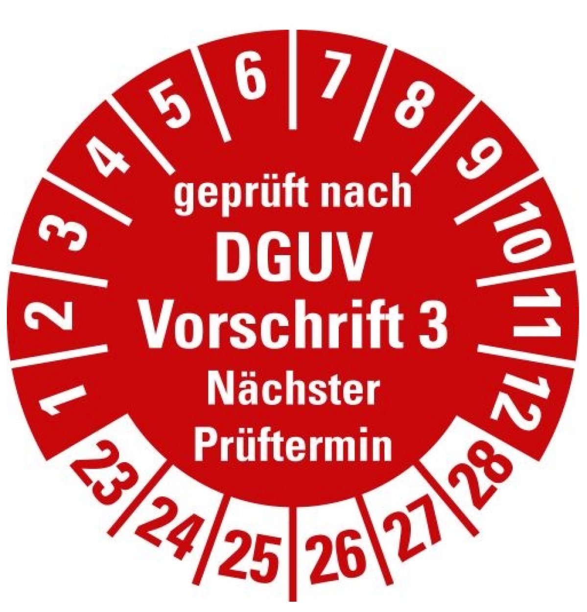 100x Prüfplakette „geprüft DGUV Vorschrift 3 Nächster Prüft. 23-28“, rot Ø15-40mm