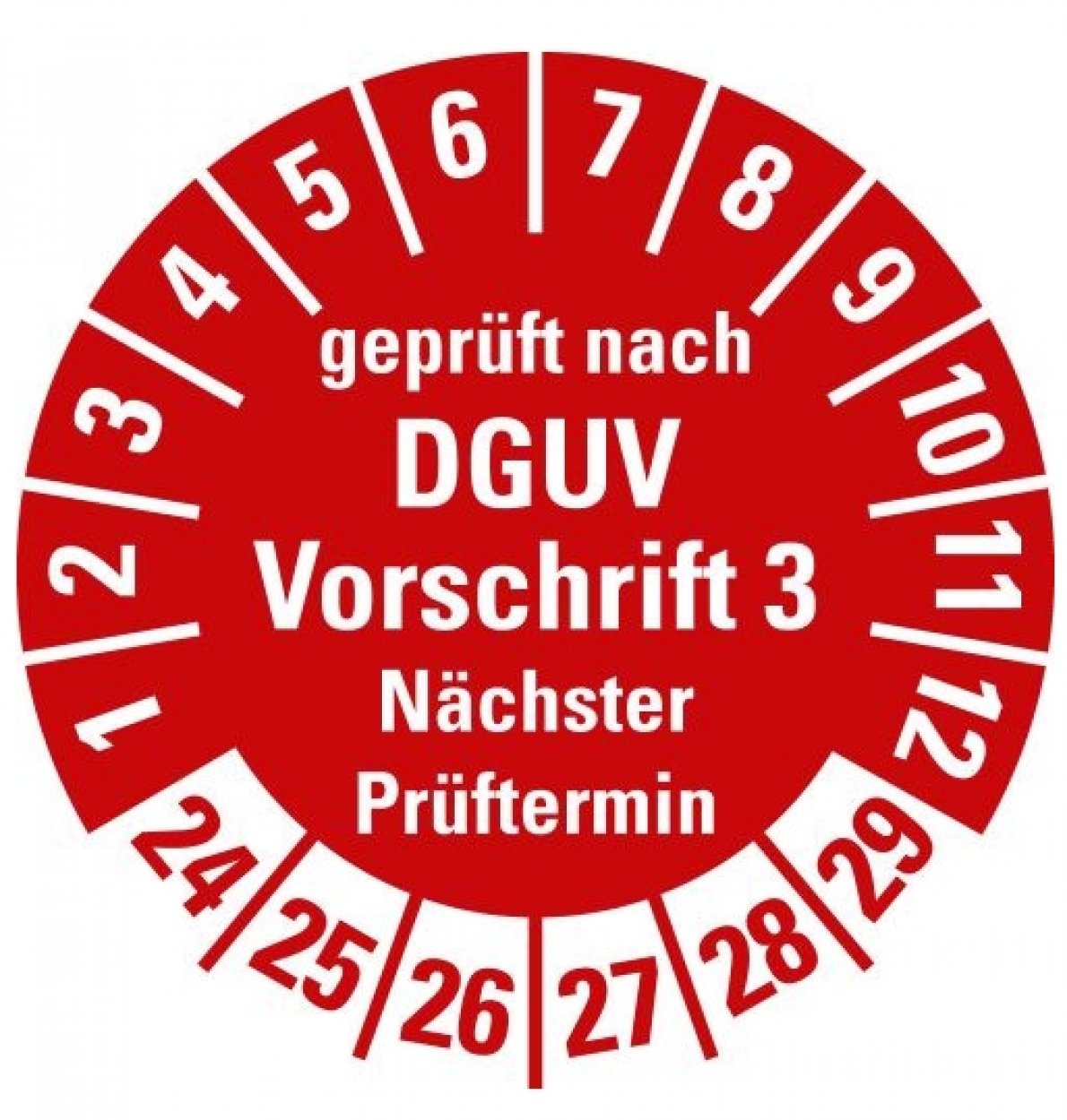 100x Prüfplakette „geprüft DGUV Vorschrift 3 Nächster Prüft. 24-29“, rot Ø15-40mm