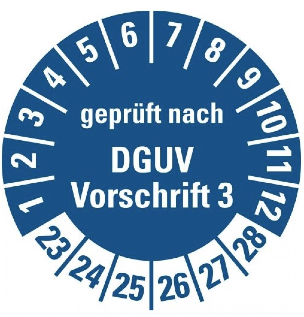 100x Prüfplakette „geprüft nach DGUV Vorschrift 3 | 23-28“ Folie blau Ø15-40mm