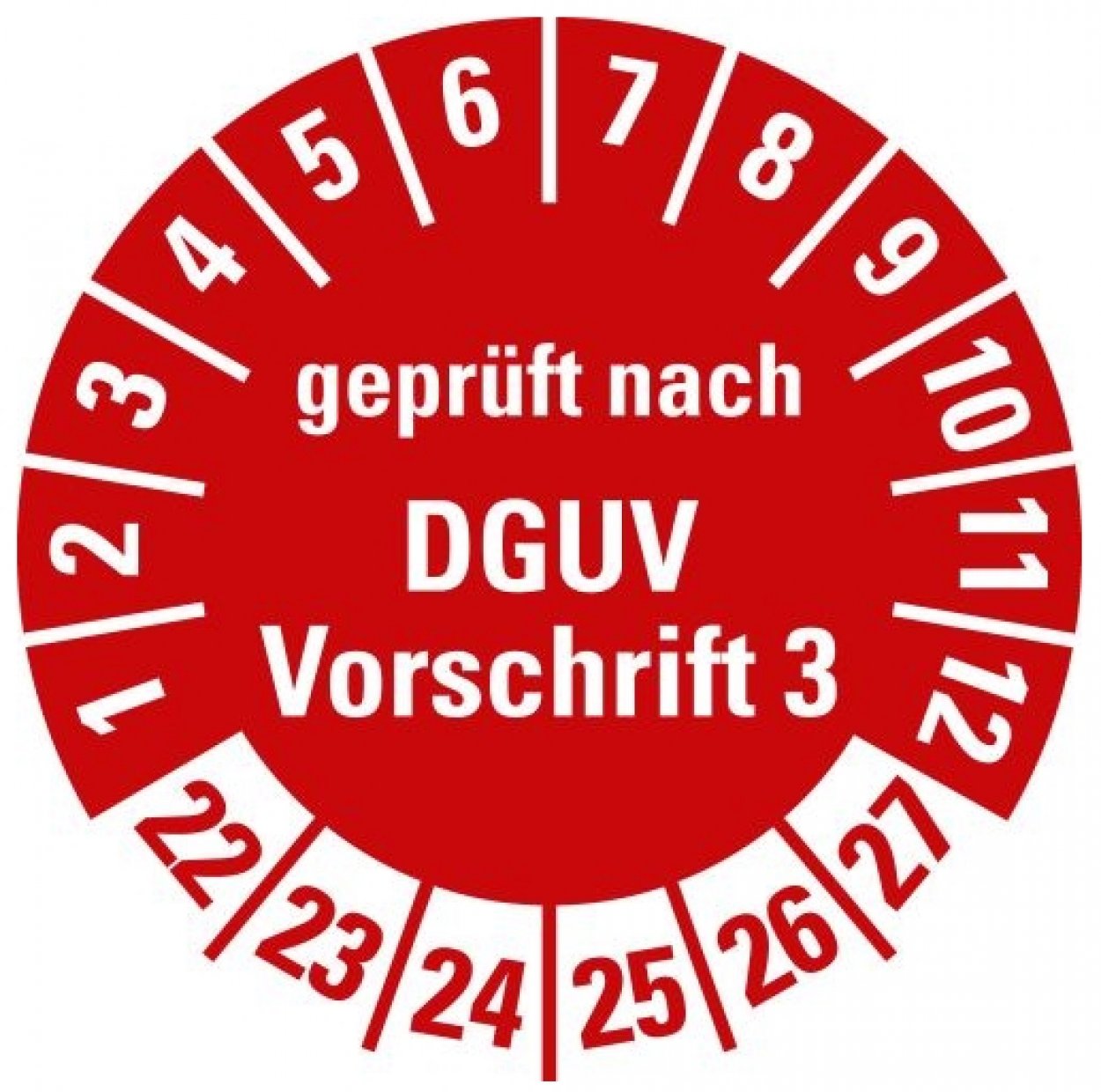 100x Prüfplakette „geprüft nach DGUV Vorschrift 3 | 22-27“ Folie, rot | Ø15-40mm