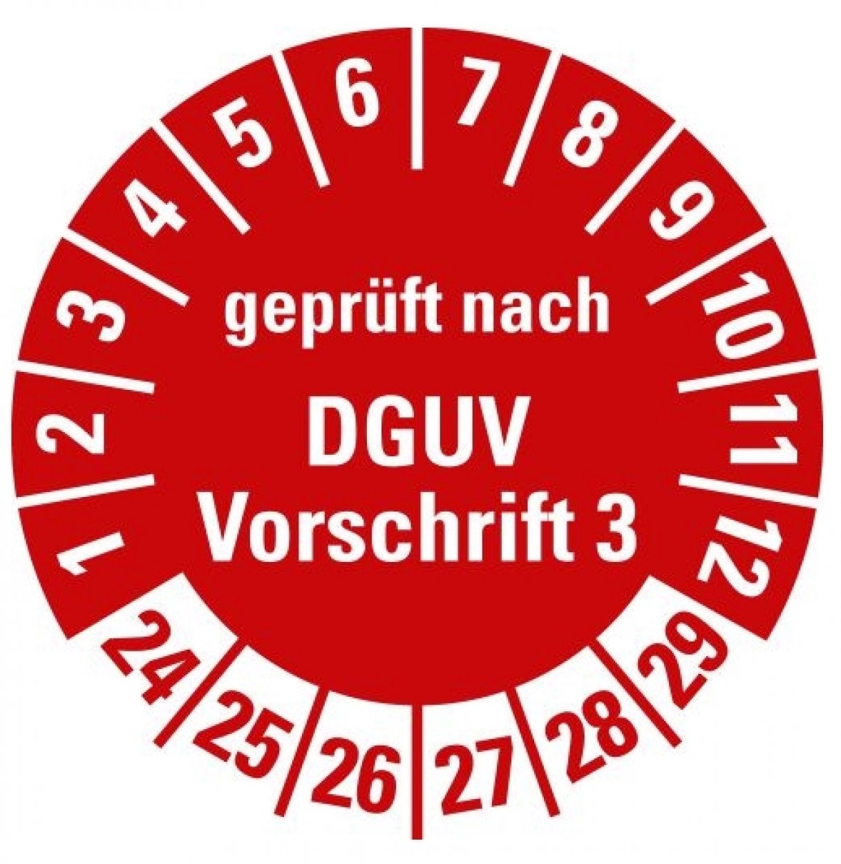 100x Prüfplakette „geprüft nach DGUV Vorschrift 3 | 24-29“ Folie, rot | Ø15-40mm