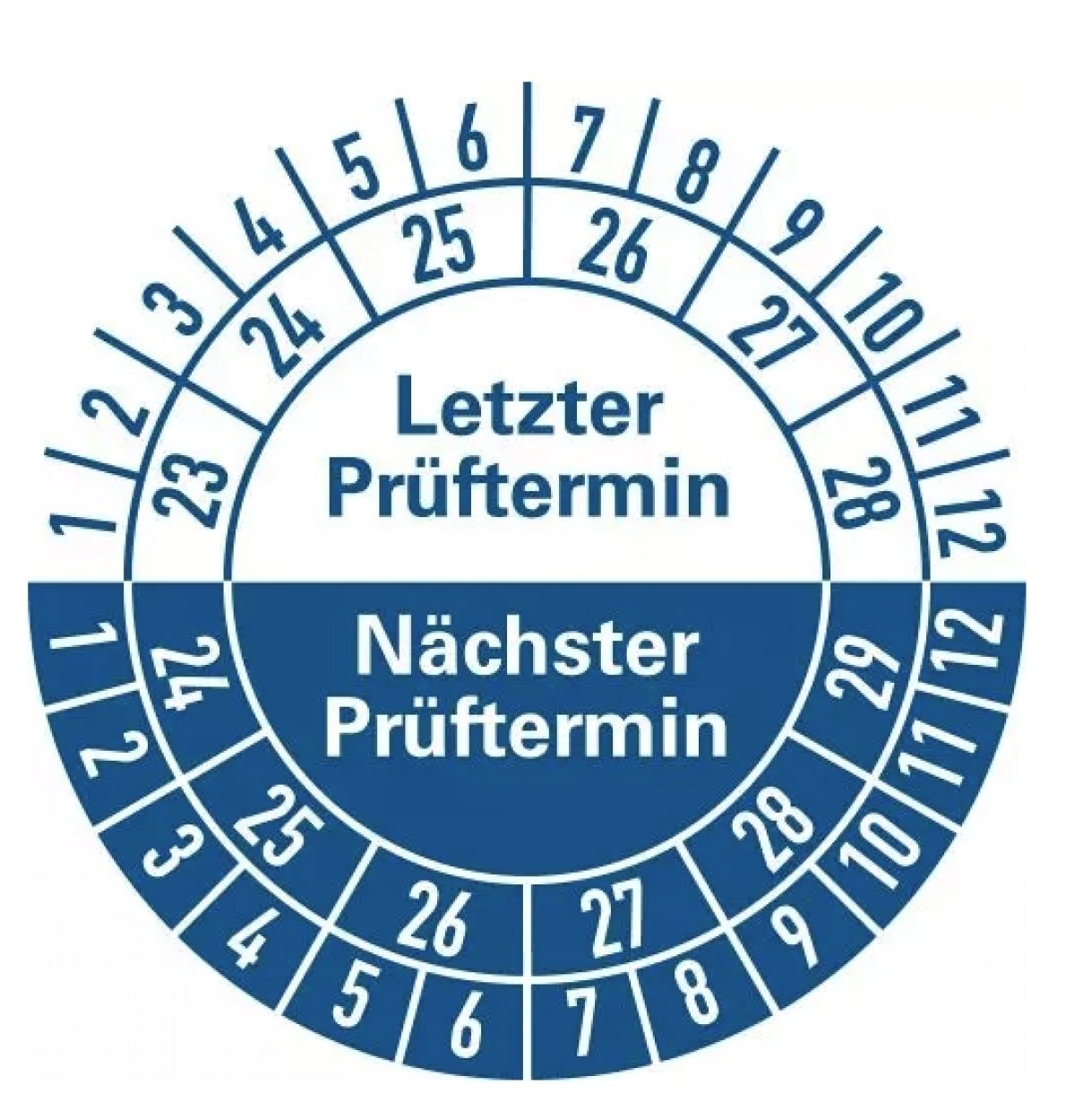 100x Prüfplakette „letzter/nächster Prüftermin | 23-28“ Etikett Aufkleber, blau | Ø 15-40 mm