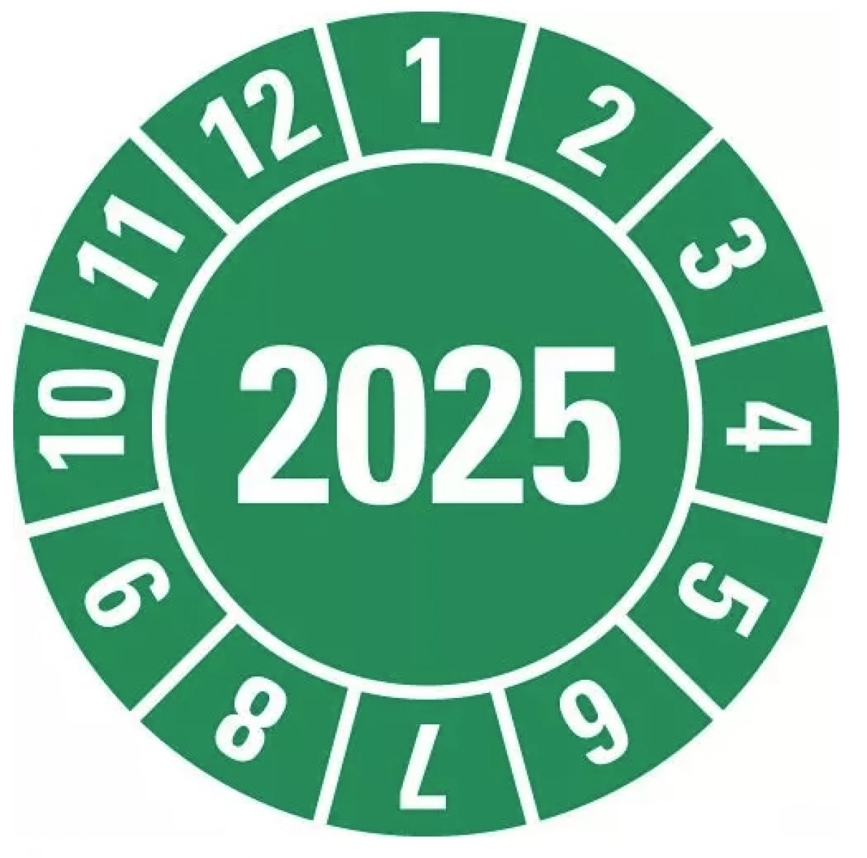 25 Stück – Jahresprüfplakette „2025" Etikett Folie Aufkleber, grün | Ø15-40mm