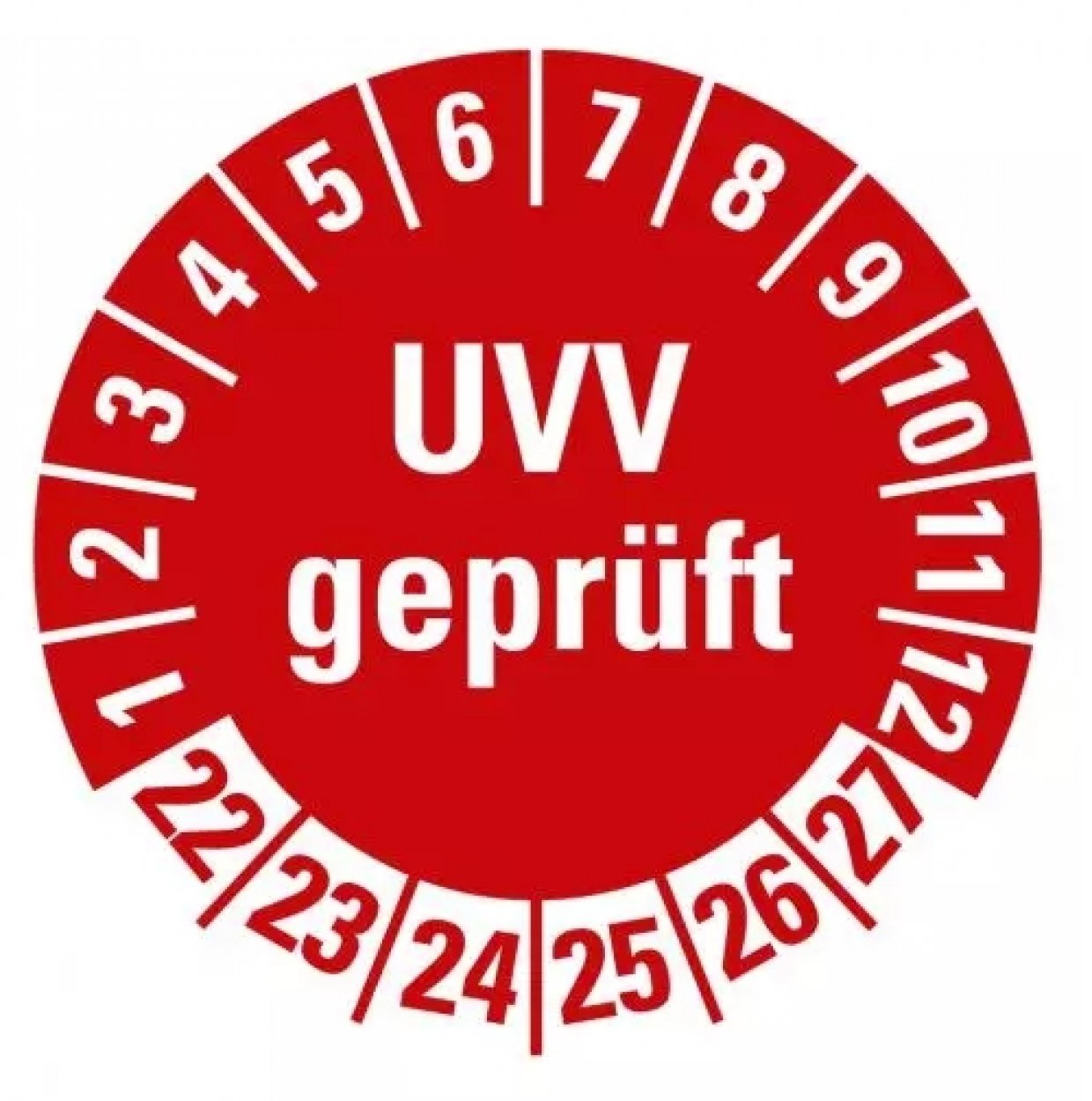 100x Prüfplakette „UVV geprüft | 22-27“ Etikett Folie Aufkleber, rot | Ø15-40mm