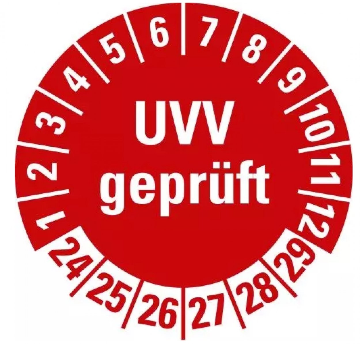 100x Prüfplakette „UVV geprüft | 24-29“ Etikett Folie Aufkleber, rot | Ø15-40mm