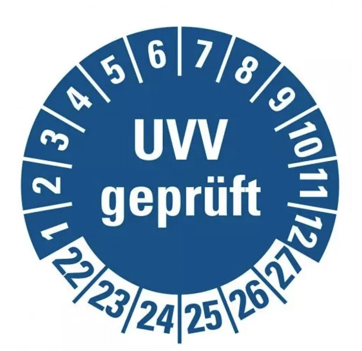 100x Prüfplakette „UVV geprüft | 22-27“ Etikett Folie Aufkleber, blau | Ø15-40mm