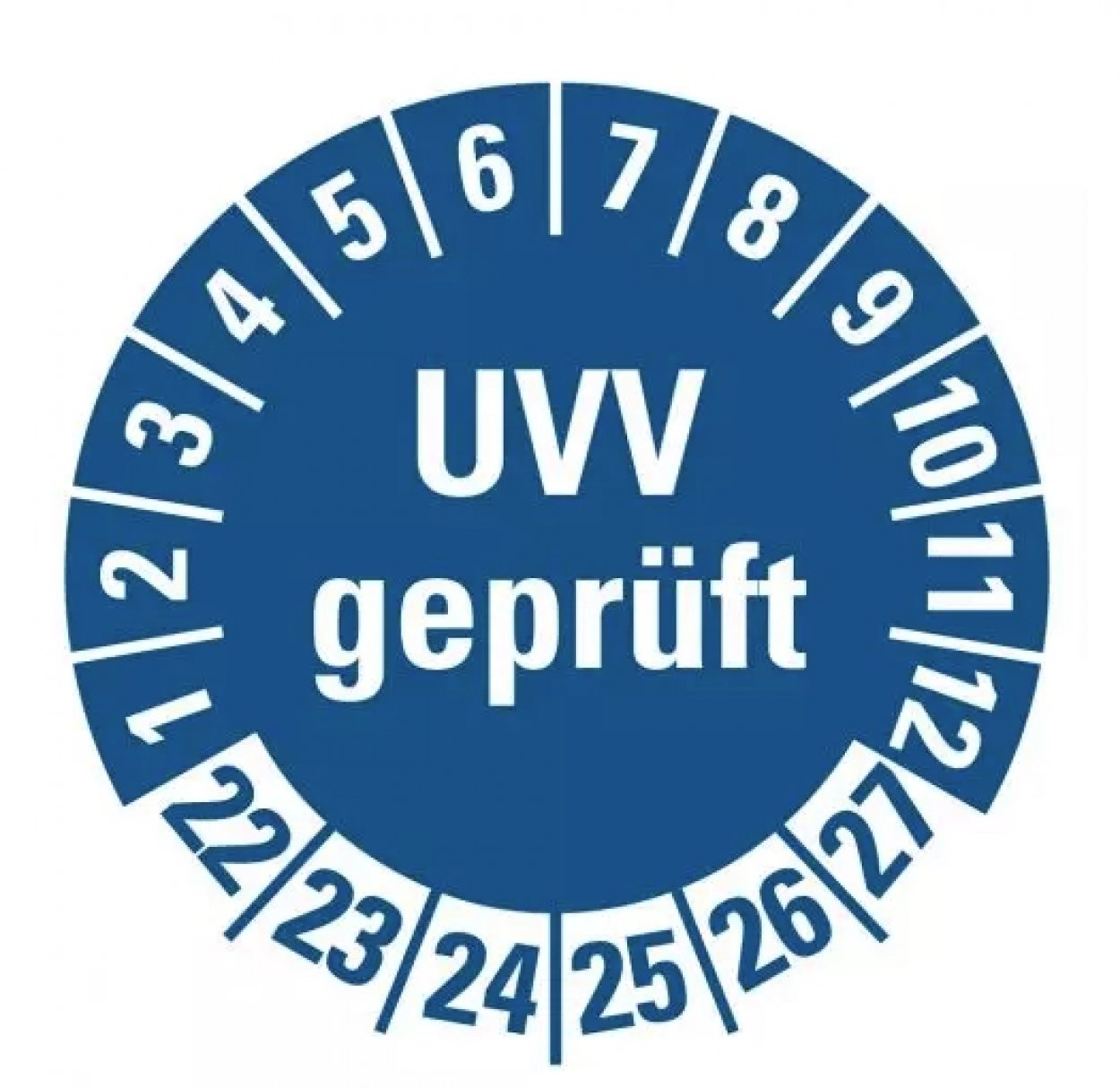 100x Prüfplakette „UVV geprüft | 22-27“ Etikett Aufkleber, blau | Ø 15-40 mm 100x Prüfplakette „UVV geprüft | 22-27“ Etikett Aufkleber, blau | Ø 15-40 mm