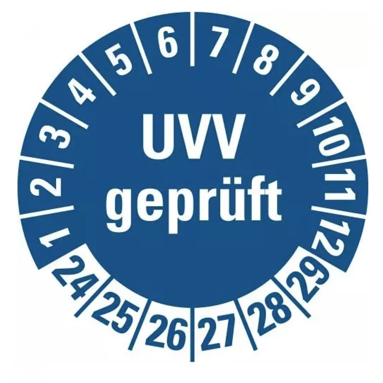 100x Prüfplakette „UVV geprüft | 24-29“ Etikett Folie Aufkleber, blau | Ø15-40mm