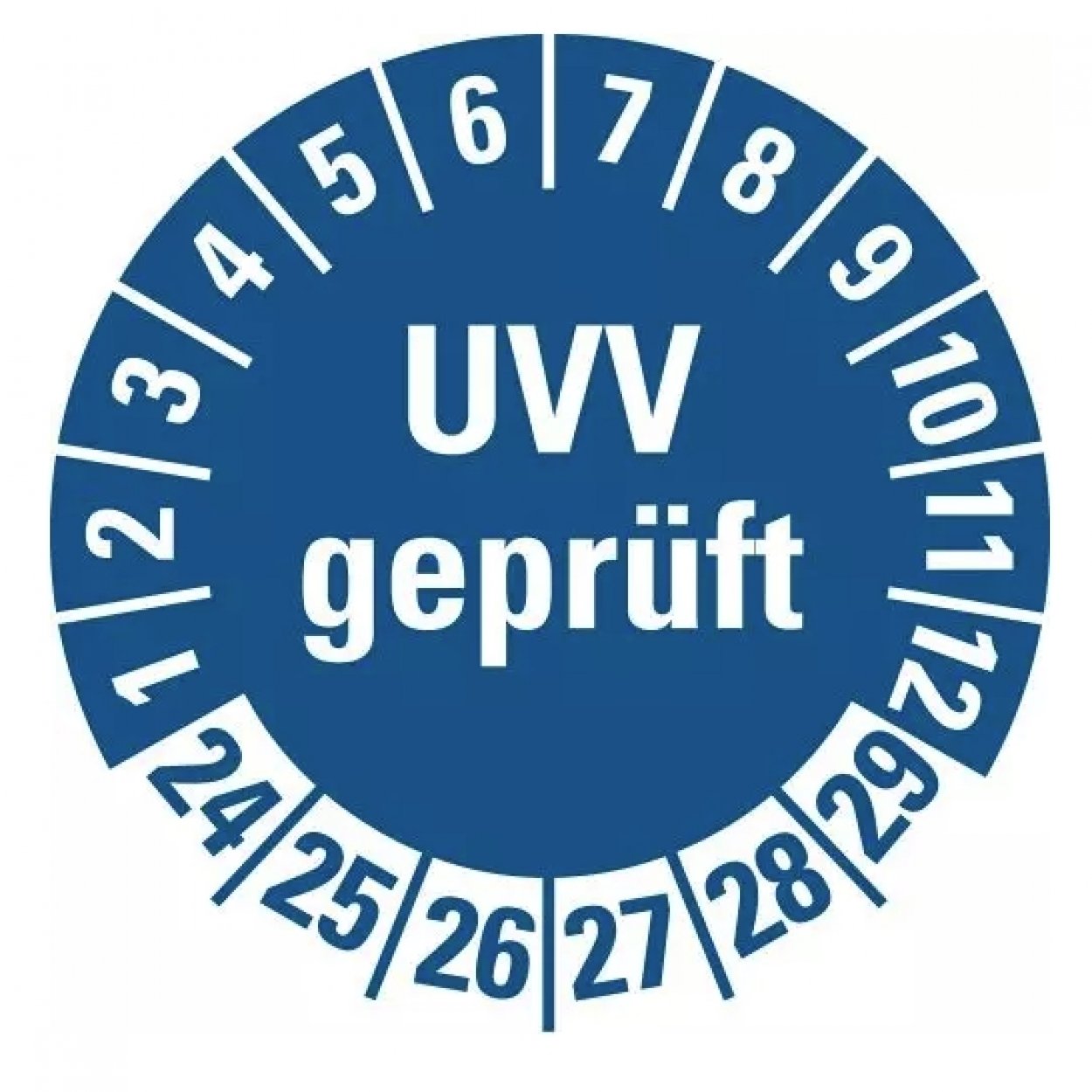 100x Prüfplakette „UVV geprüft | 24-29“ Etikett Aufkleber, blau | Ø 15-40 mm 100x Prüfplakette „UVV geprüft | 24-29“ Etikett Aufkleber, blau | Ø 15-40 mm
