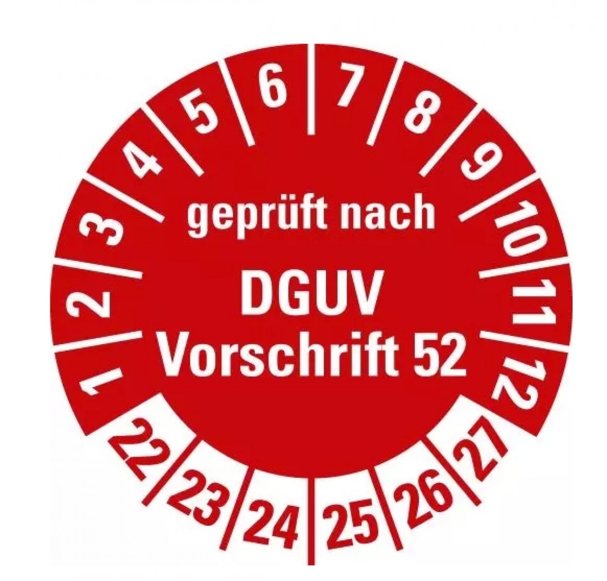 100x Prüfplakette „DGUV geprüft n. Vorschrift 52 | 22-27“ Etikett Aufkleber, rot | Ø 15-40 mm 100x Prüfplakette „DGUV geprüft n. Vorschrift 52 | 22-27“ Etikett Aufkleber, rot | Ø 15-40 mm