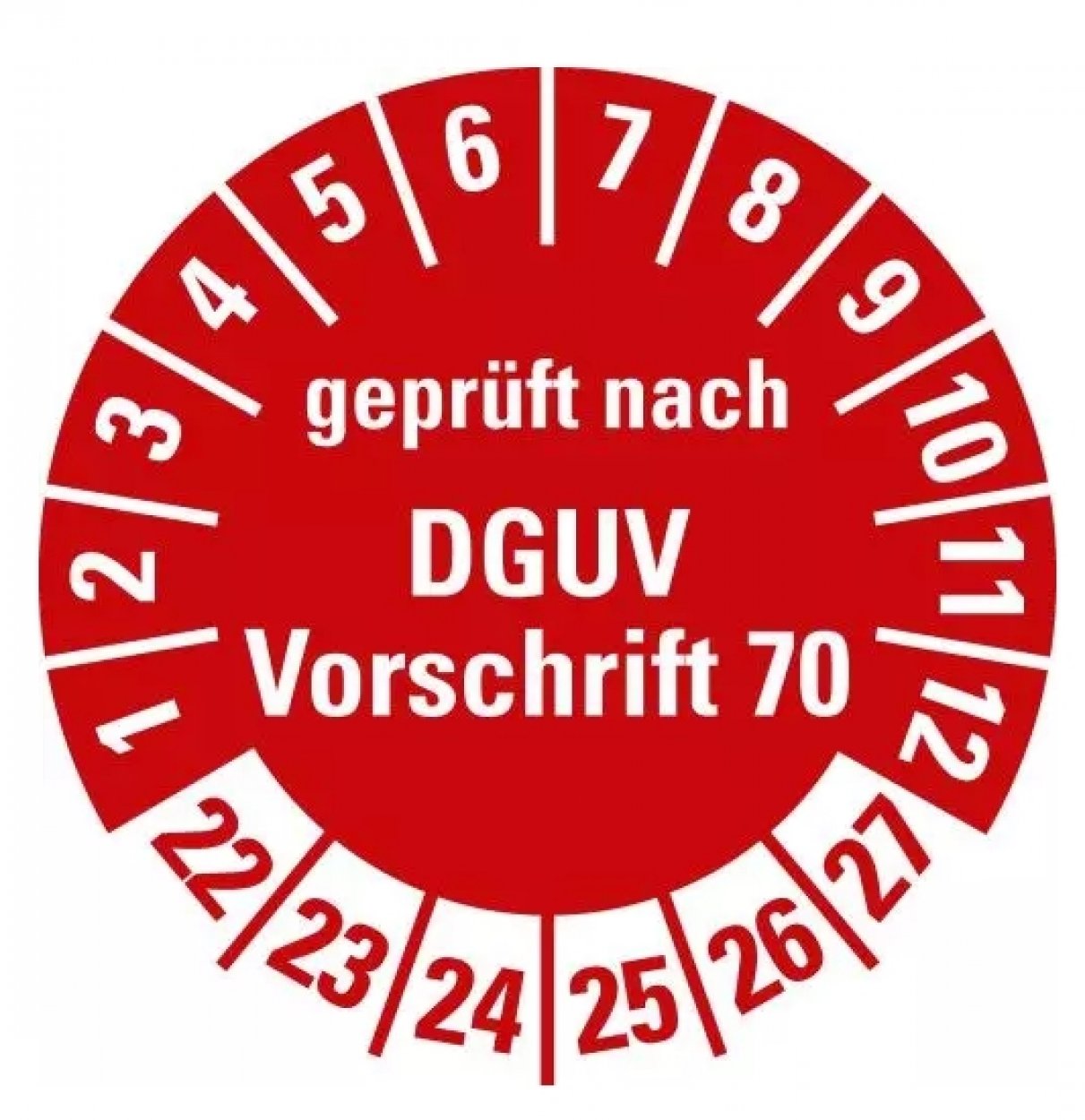 100x Prüfplakette „DGUV geprüft n. Vorschrift 70 | 22-27“ Etikett Aufkleber, rot | Ø 15-40 mm 100x Prüfplakette „DGUV geprüft n. Vorschrift 70 | 22-27“ Etikett Aufkleber, rot | Ø 15-40 mm