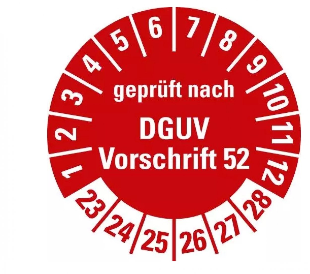 100x Prüfplakette „DGUV geprüft n. Vorschrift 52 | 23-28“ Folie, rot | Ø15-40mm