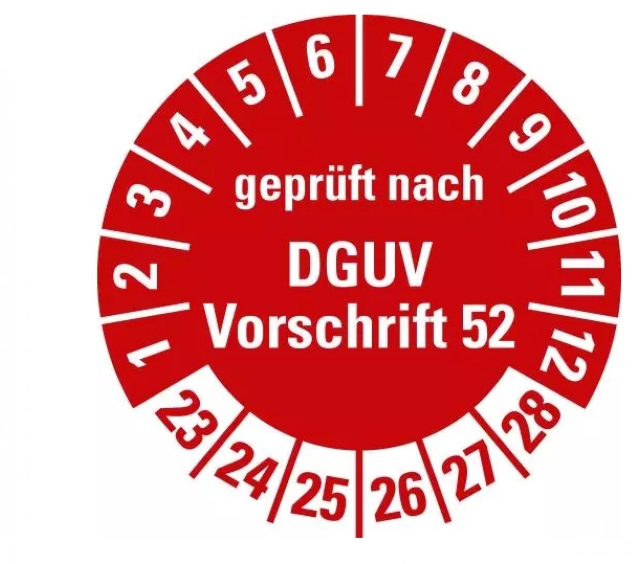 100x Prüfplakette „DGUV geprüft n. Vorschrift 52 | 23-28“ Etikett Aufkleber, rot | Ø 15-40 mm
