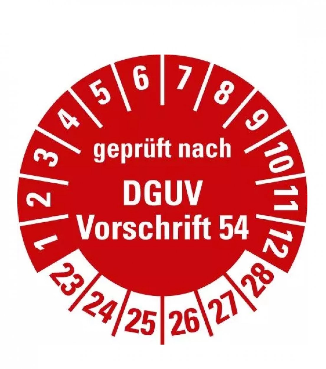 100x Prüfplakette „DGUV geprüft n. Vorschrift 54 | 23-28“ Etikett Aufkleber, rot | Ø 15-40 mm