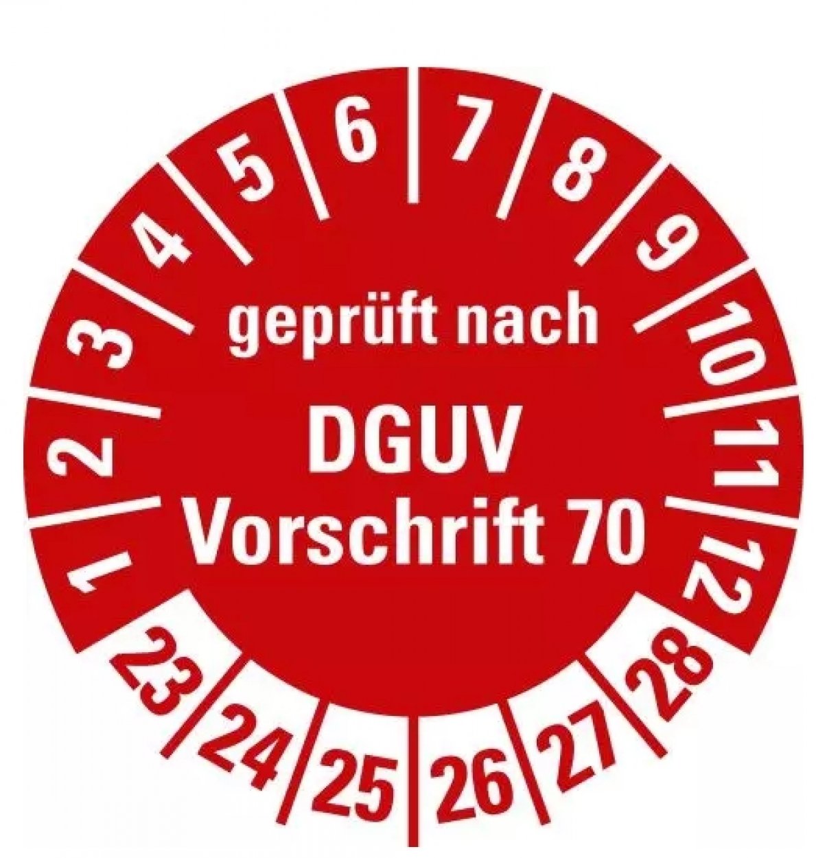 100x Prüfplakette „DGUV geprüft n. Vorschrift 70 | 23-28“ Etikett Aufkleber, rot | Ø 15-40 mm