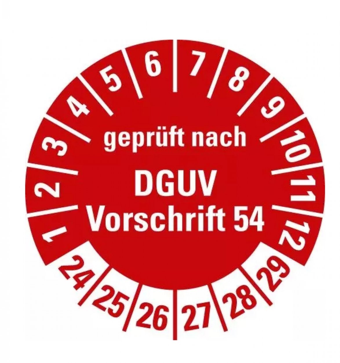 100x Prüfplakette „DGUV geprüft n. Vorschrift 54 | 24-29“ Etikett Aufkleber, rot | Ø 15-40 mm 100x Prüfplakette „DGUV geprüft n. Vorschrift 54 | 24-29“ Etikett Aufkleber, rot | Ø 15-40 mm
