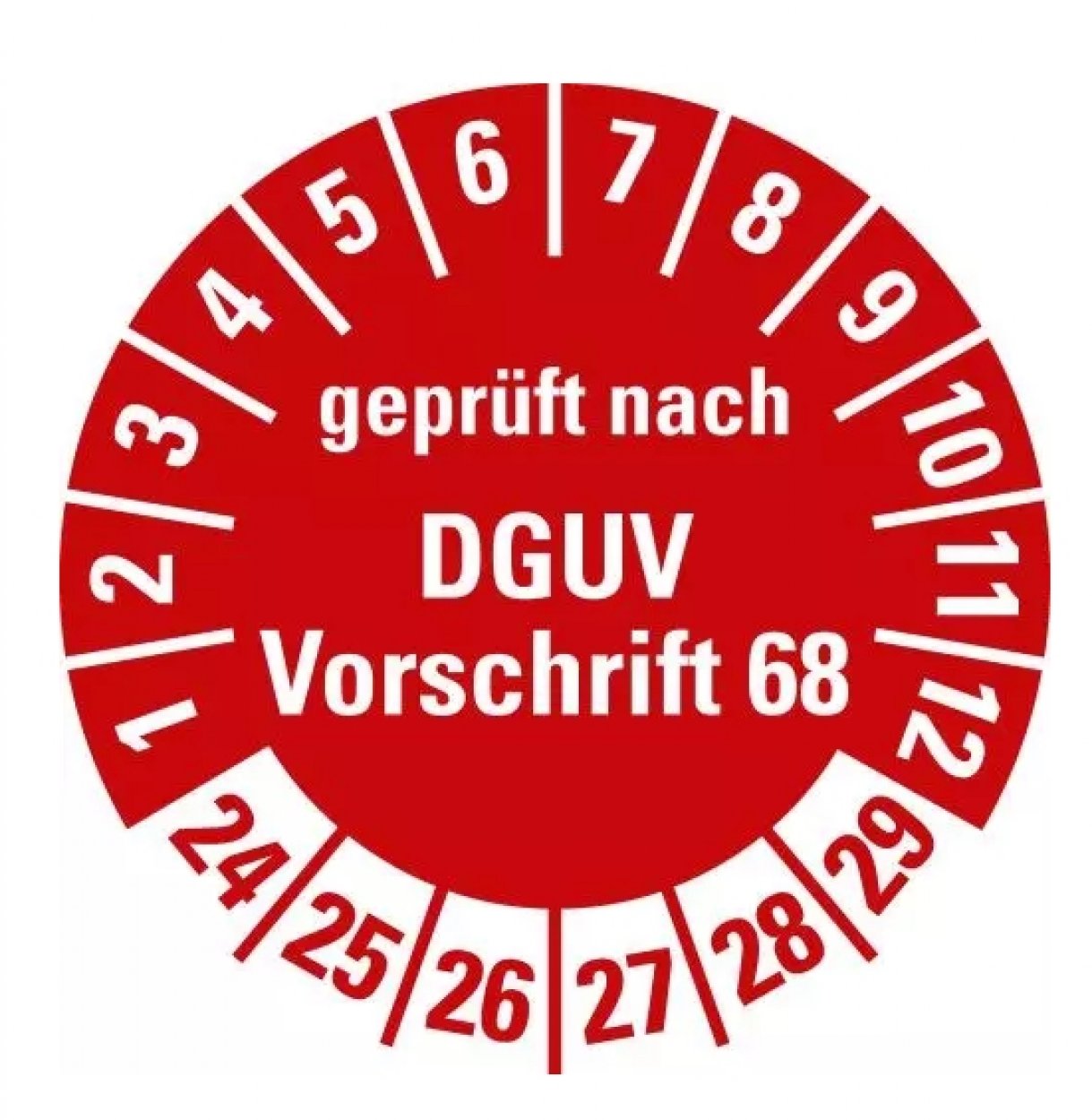 100x Prüfplakette „DGUV geprüft n. Vorschrift 68 | 24-29“ Folie, rot | Ø15-40mm