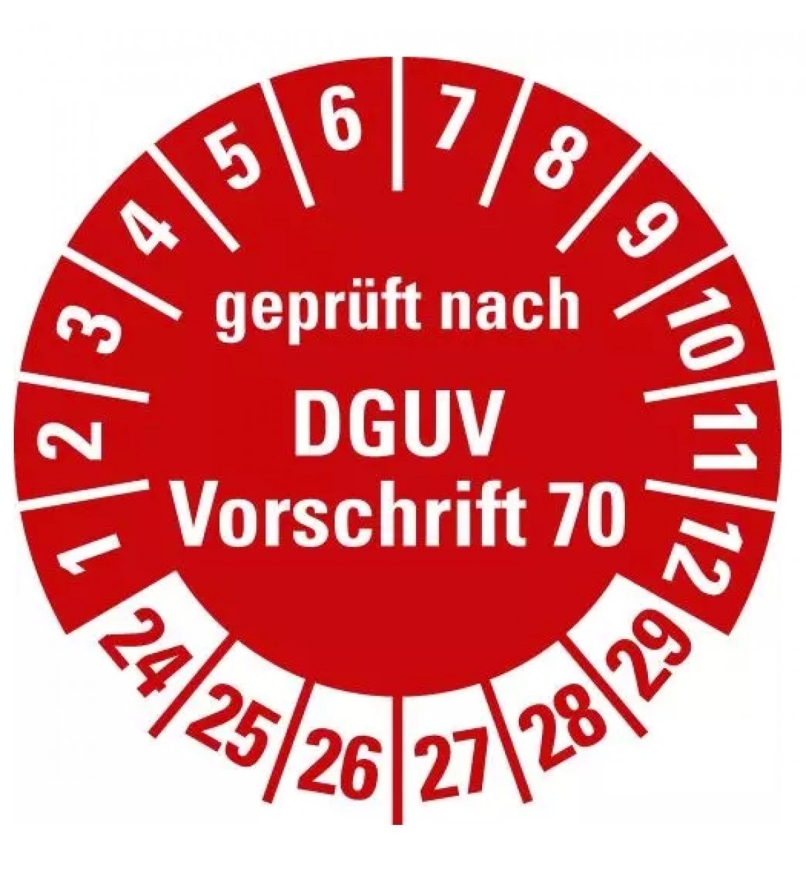 100x Prüfplakette „DGUV geprüft n. Vorschrift 70 | 24-29“ Folie, rot | Ø15-40mm